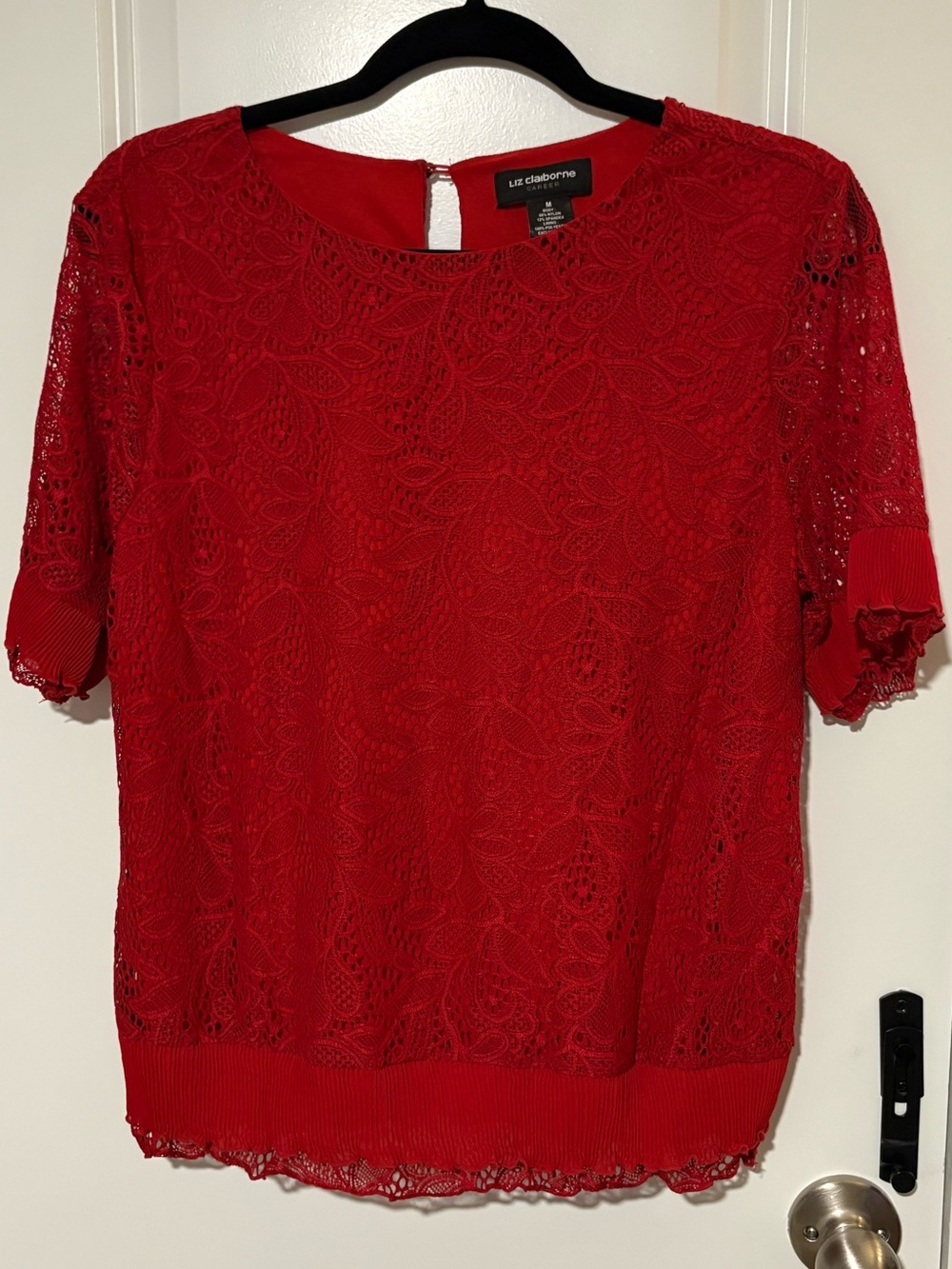 Liz Claiborne Career Red Lace Short Sleeve Blouse Top Size Medium